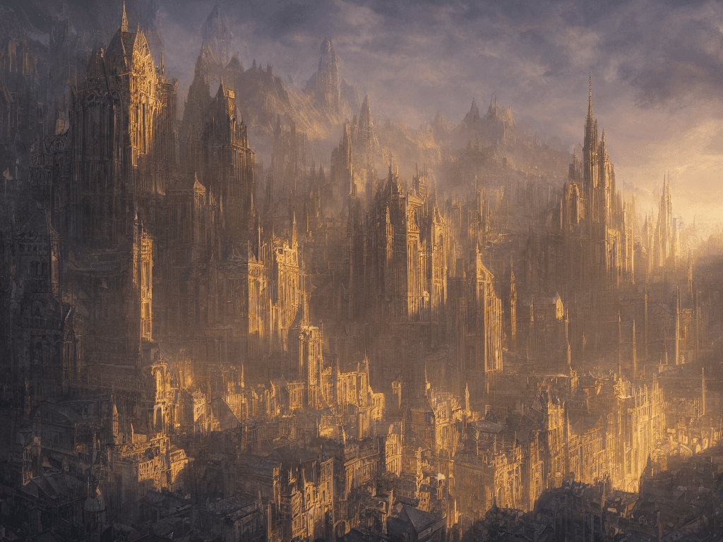 AI generated: the city with rivers of gold, fancy medieval architecture, mesmerizing, beautiful, fantastical, conc...