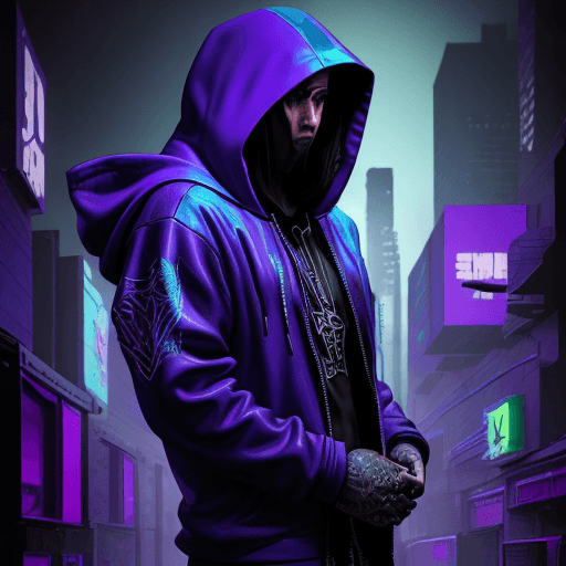 AI generated: hooded man, low light, cyberpunk tattoo designs , in the style of silkscreen, purple and blue, rolle...