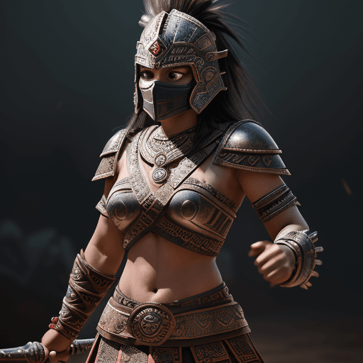 AI generated: female Aztec warrior, wearing a full battle face mask, helm, finely detailed armor, holding Obsidian...