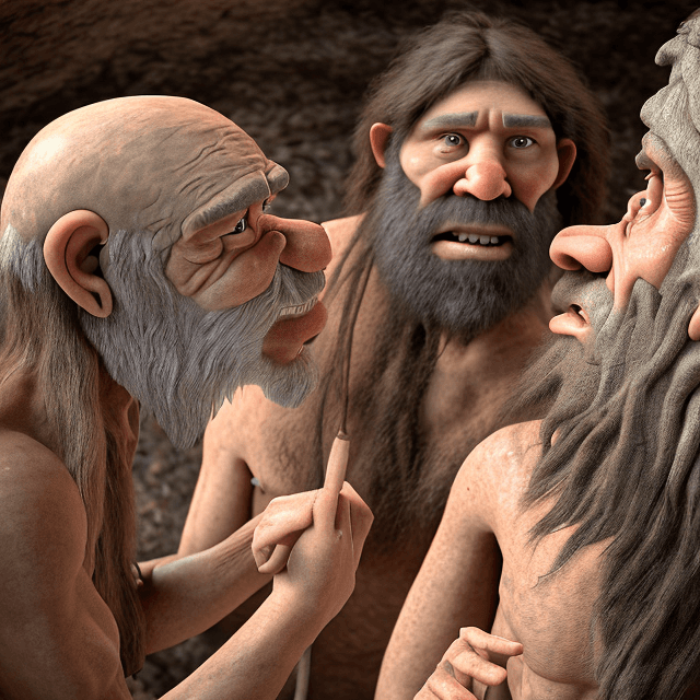 AI generated:  an old prehistoric caveman talking to a young prehistoric man in a prehistoric cave, side view, 8k