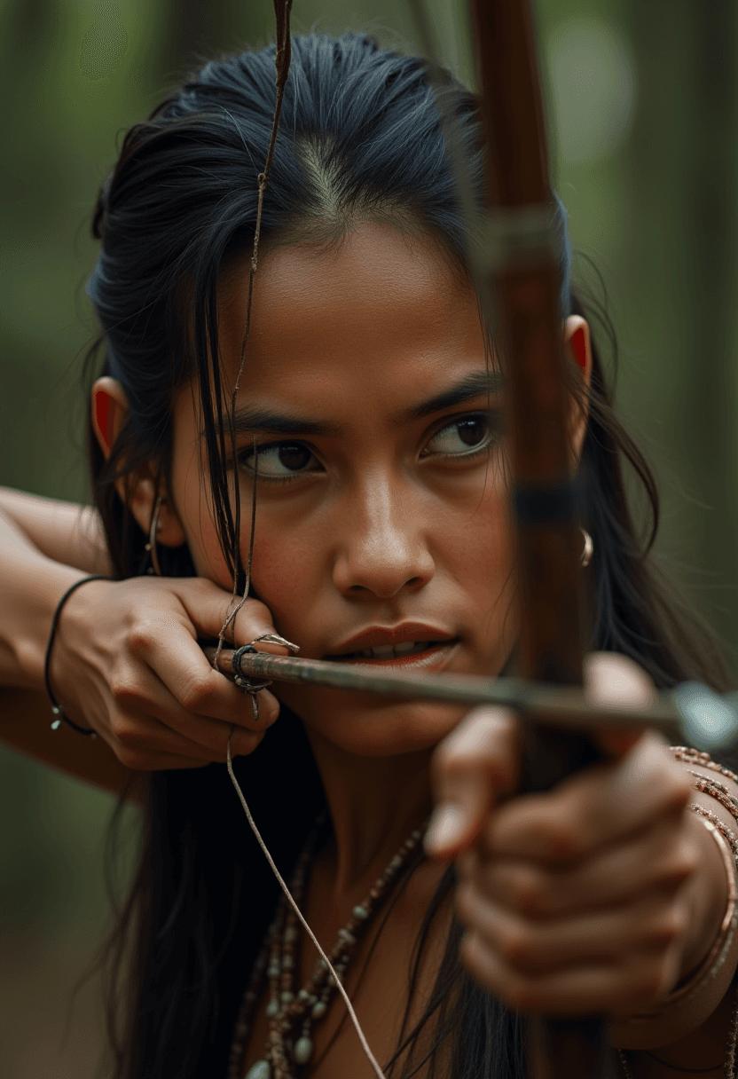 AI generated: Real Photo, close-up shot of an Indian woman holding bow and arrow ready to shot, action scene
