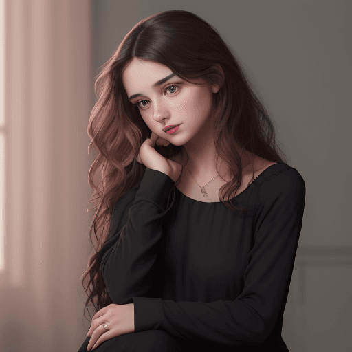 AI generated: A [young] woman with [long, wavy brunette hair] rests her head on her clasped hands,  looking in the...