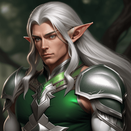 AI generated: Silver long haired Elf, Older Male, ,muscular, Green eyes, Lance, Dragoon,  artstation trending, hig...