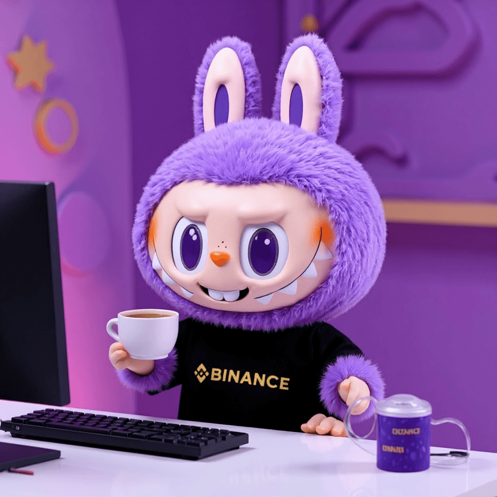 AI generated: A cute plush toy with large purple bunny ears and a toothy smile, wearing a fluffy purple hooded out...