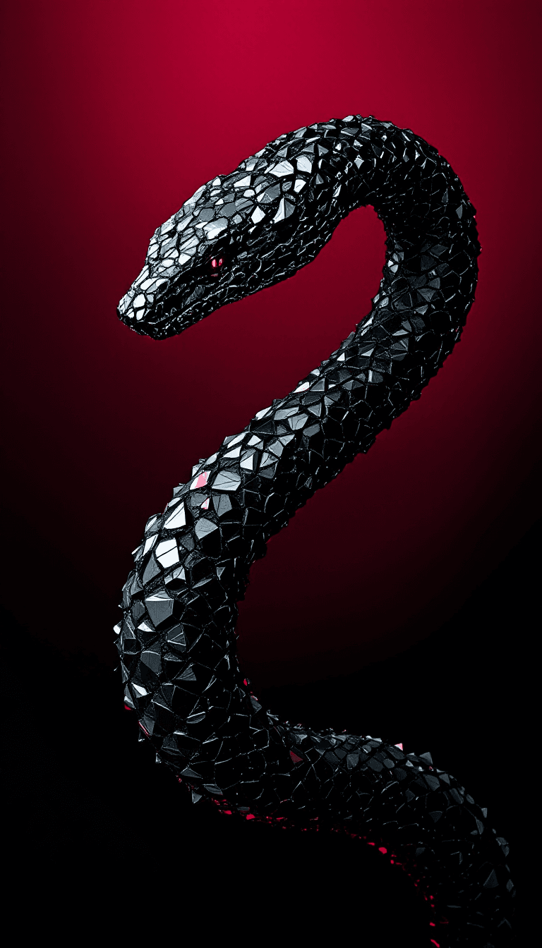 AI generated: A black snake made from rough black obsidian crystals, in profile, side view, surrealism, pencils, f...