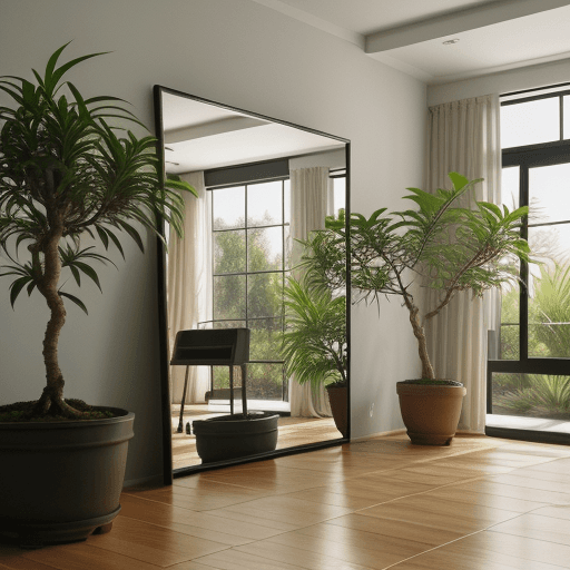 AI generated: Photo of a ultra realistic home spot, modern style, big mirror placed on the floor with slim cooper ...