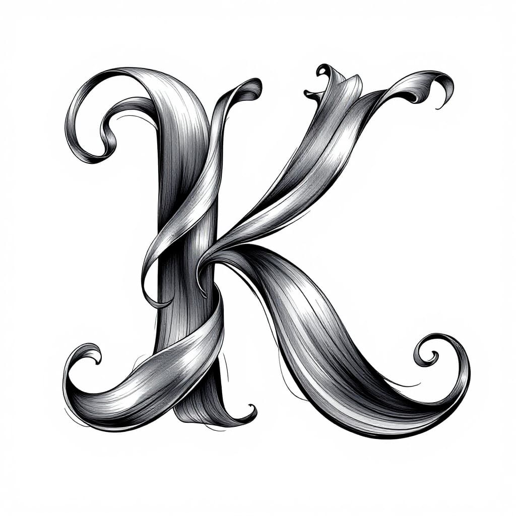 AI generated: A letter K but made to from flowing ribbon, the ribbon weaves in and out of the ascender and has a f...