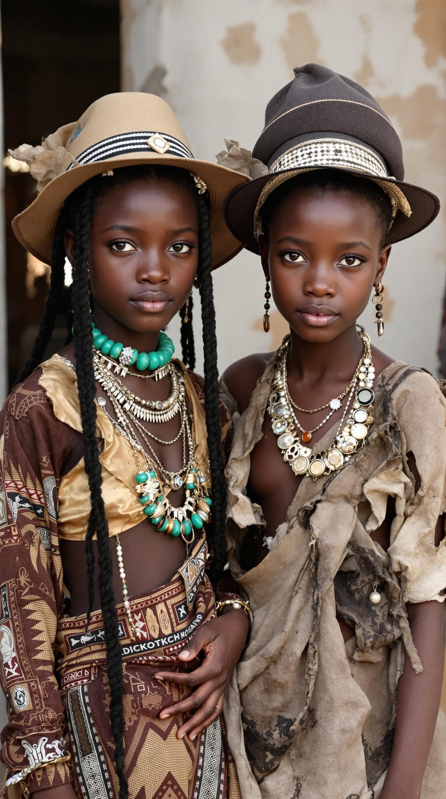 AI generated: Two young African girls, 16 years old, with hats and jewelry on their heads. One of them is in moder...