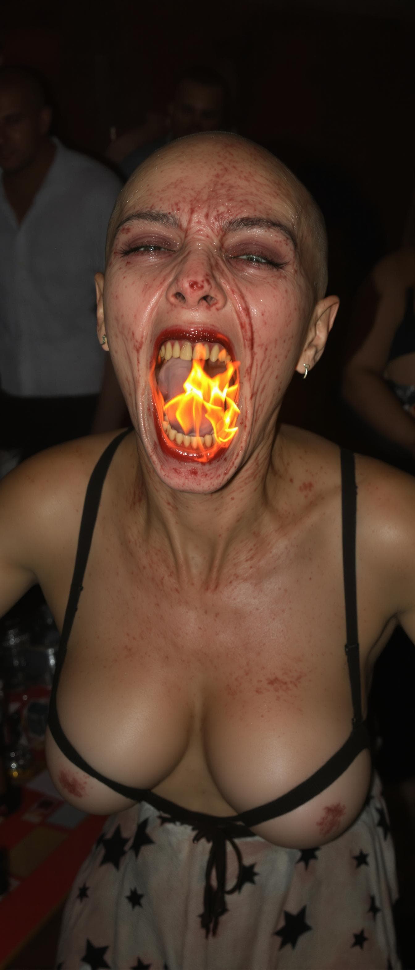 AI generated: An ugly face woman with ugly body  dancing in a party with fire from her mouth  . She is bald . She ...