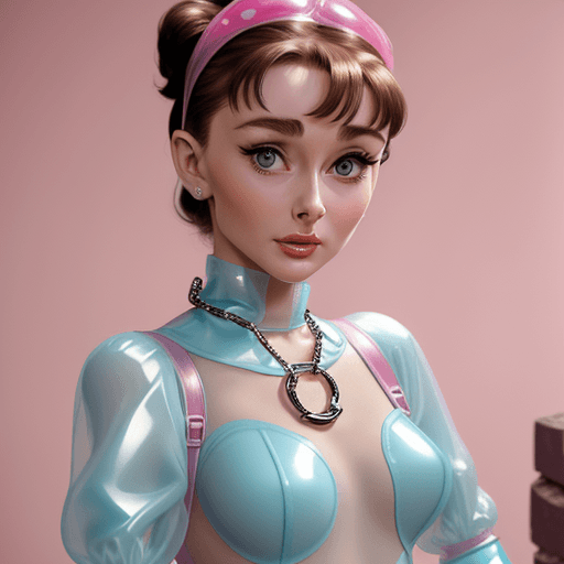 AI generated: Erotic young Audrey Hepburn in pastel-colored latex,Cut-out chain harness,polka dot outfit with hear...
