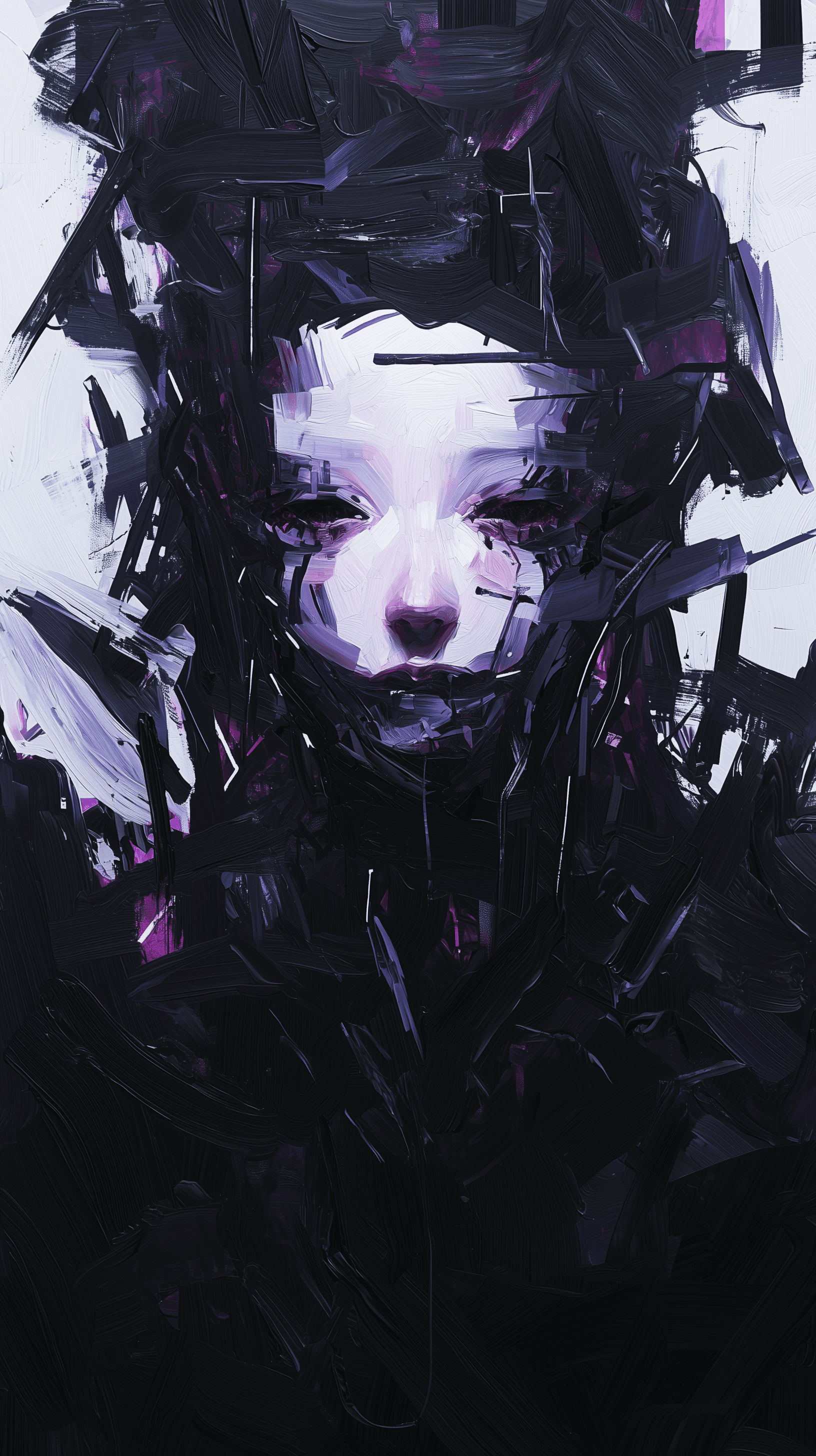 AI generated: artistic, oil painting texture, front view, upper body, creepy woman, incorporating a heavy brush st...