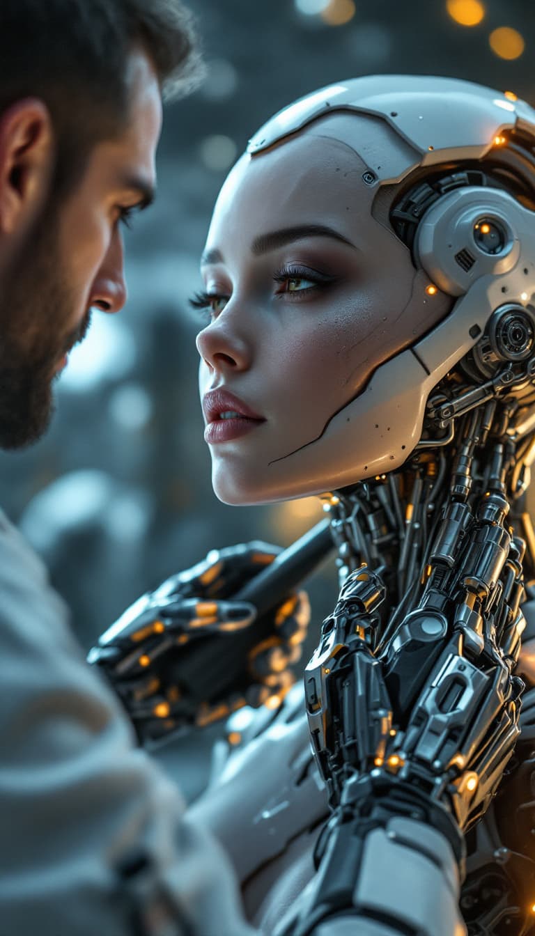 AI generated: A hyper- realistic, awe- inspiring moment of interaction between a captivating, half- cyborg woman, ...
