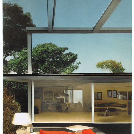 AI generated: Hyper realistic eye level exterior photo of a mid century modern style house overlooking the ocean, ...