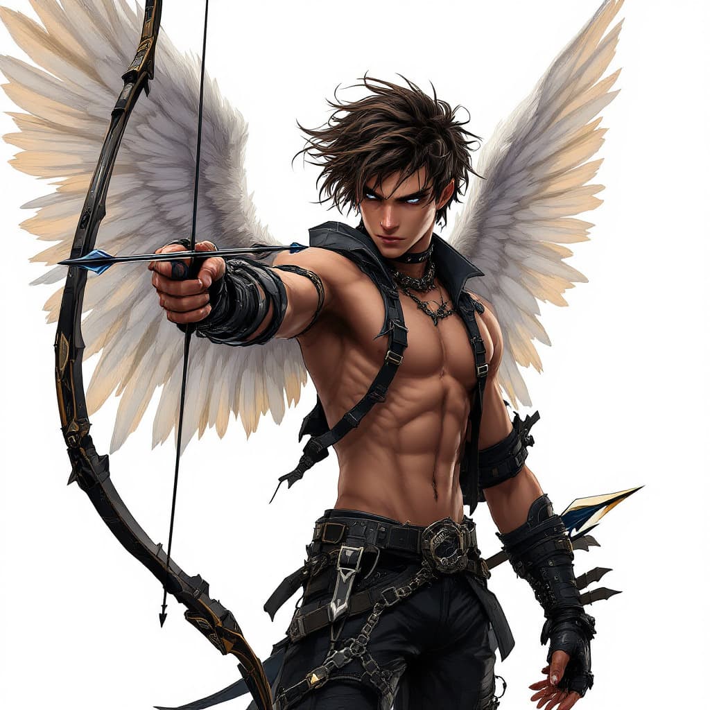 AI generated: mixed race anime boy cupid in dressy street wear with a cyber punk bow and arrow
white background fu...