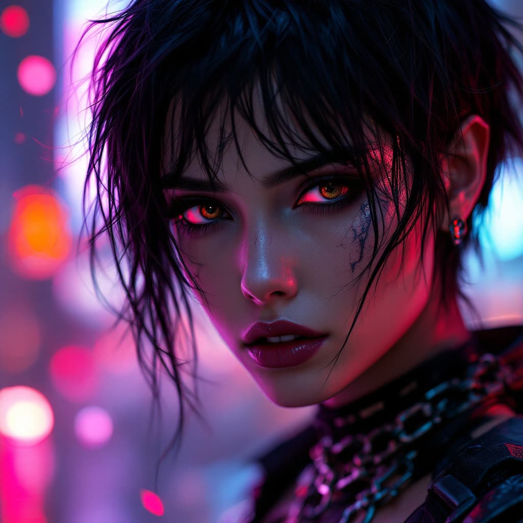 AI generated: A stunning close-up portrait of a mysterious cyberpunk warrior woman with brown an grey eyes, short ...
