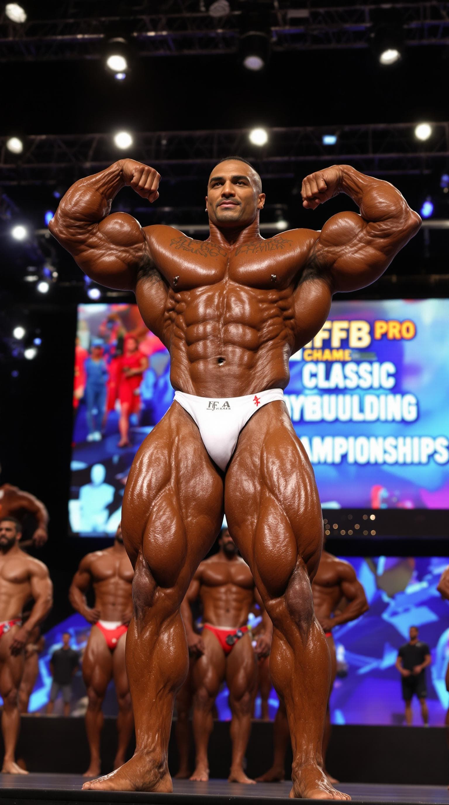 AI generated: A massive, ultra-muscular, handsome Brazilian IFBB pro bodybuilder in the heavyweight Classic Bodybu...
