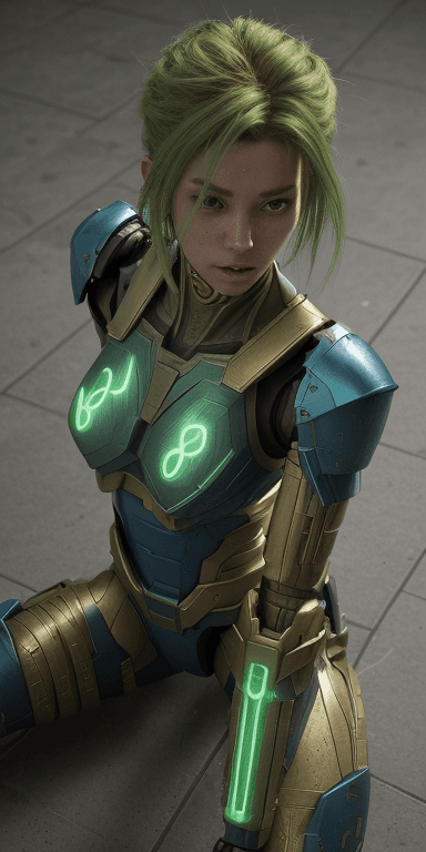 AI generated: photorealistic, detailed flying, green skin, hair, urbanpunk, more colorful, girl fighting at war, l...