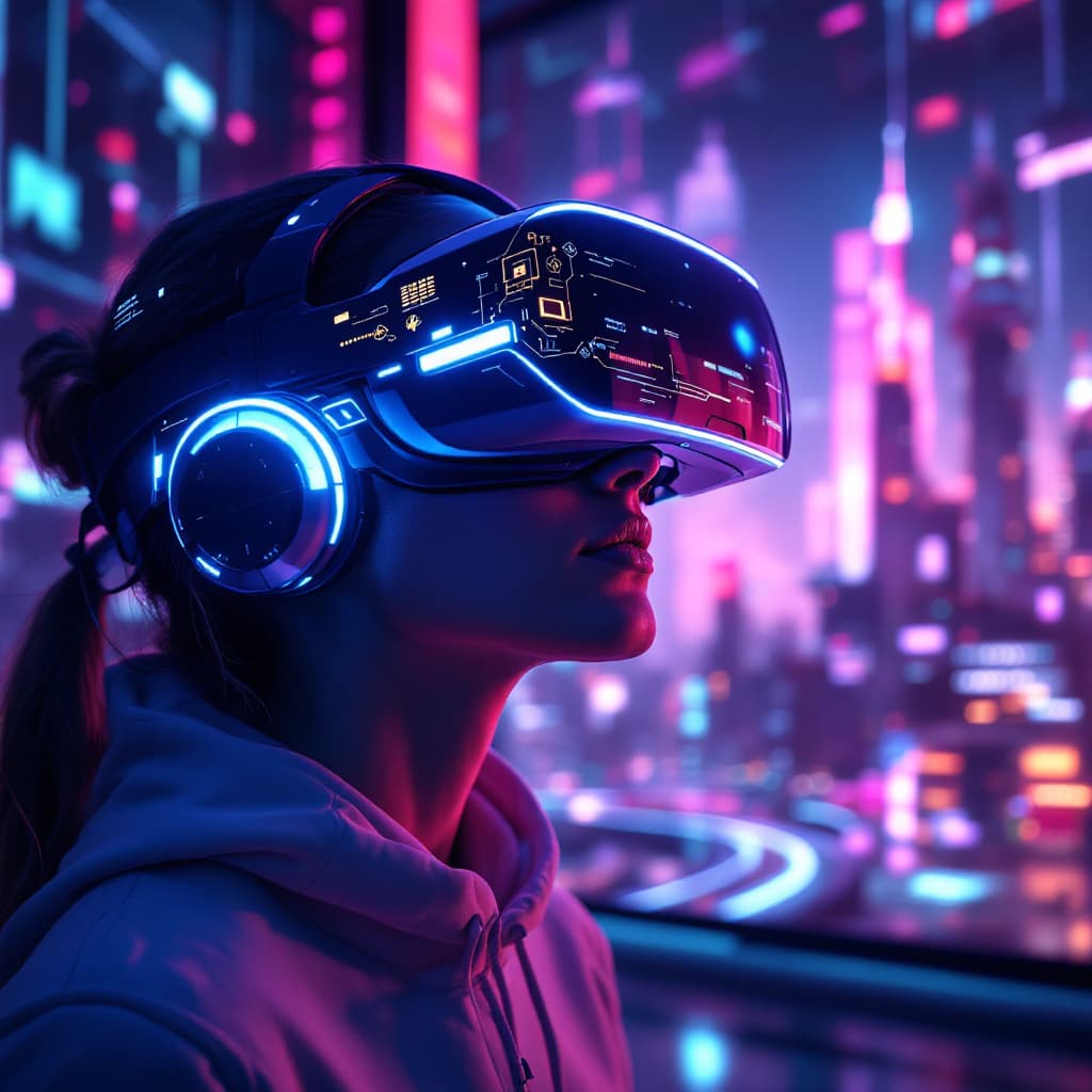 AI generated: A futuristic virtual reality experience, a person wearing an advanced VR headset, immersed in a hype...