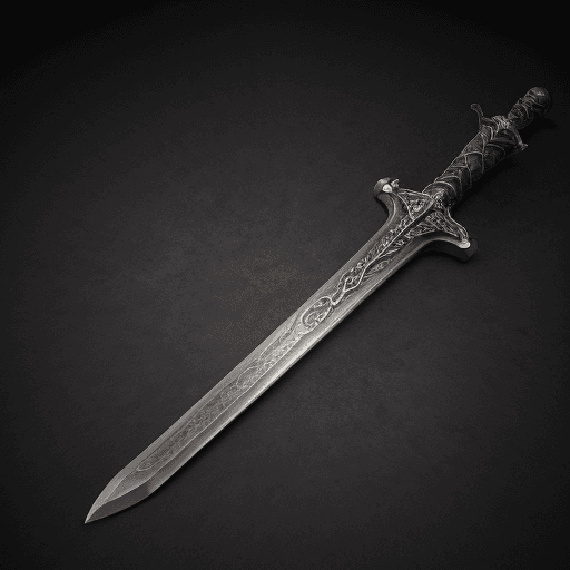 AI generated: Realistic sword with long cross gaurds, round pommel, leather grip, fantasy-like lighting and backgr...