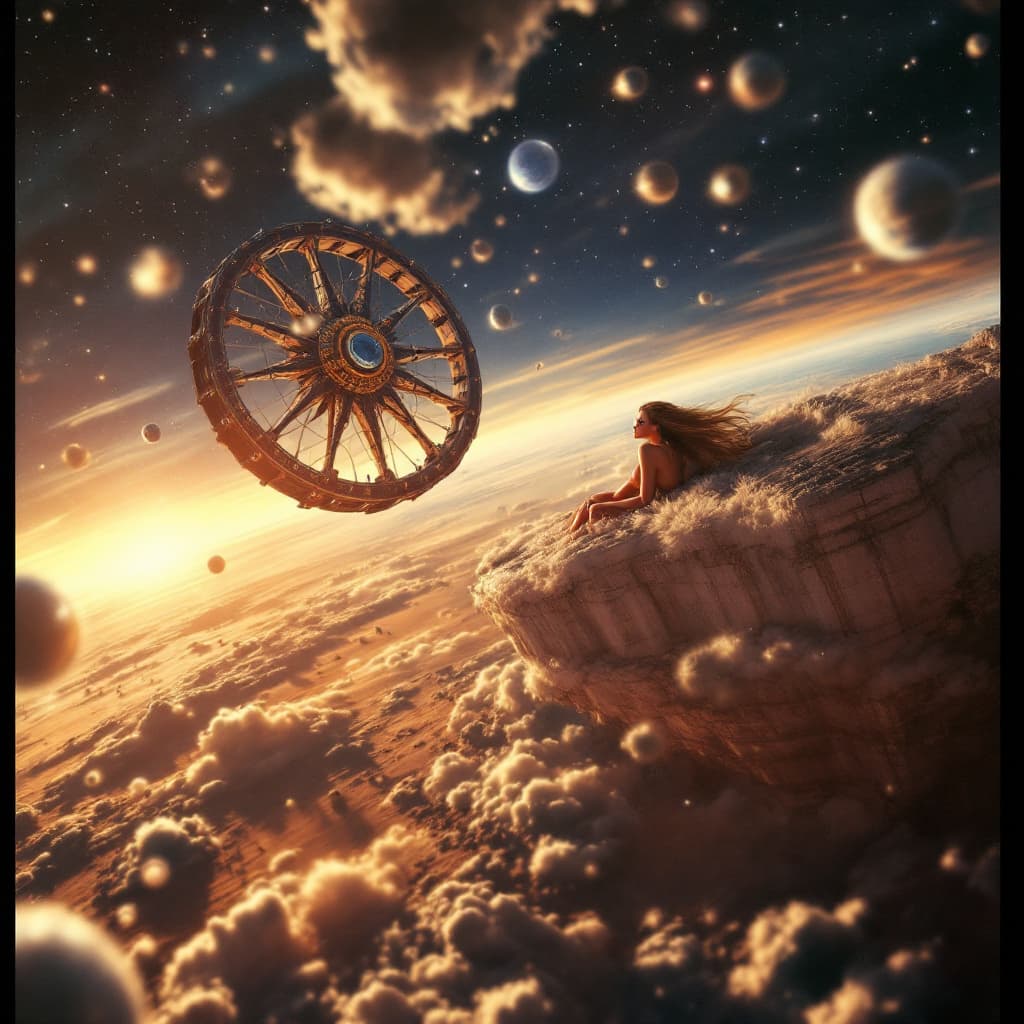 AI generated: Carmen Electra and a wheel orbiting earth.