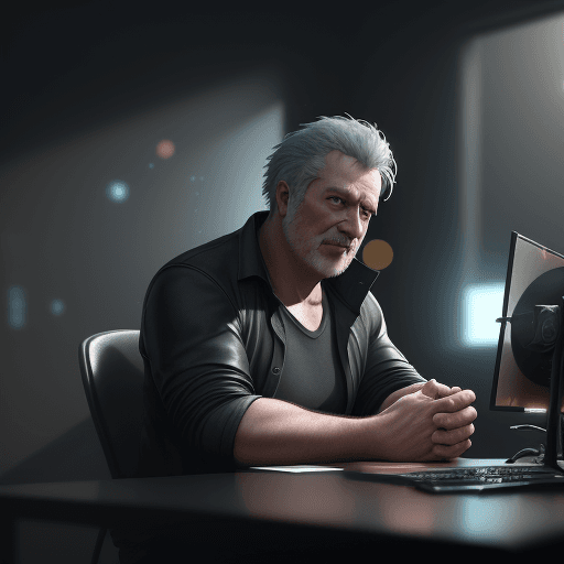AI generated: photography of man ,computer on background ,realistic, unreal engine, octane render, bokeh, vray, ho...