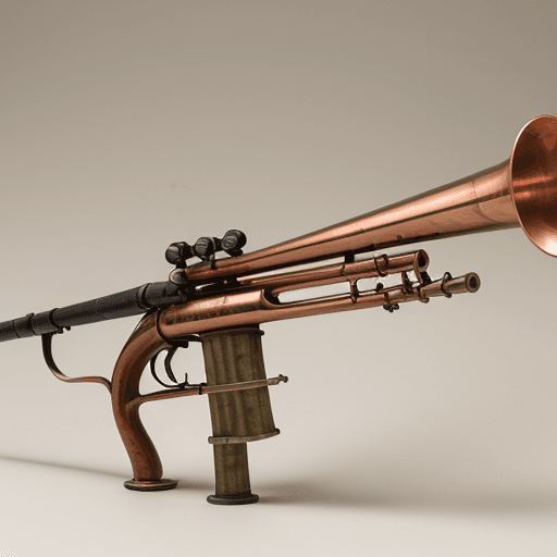 AI generated: a refined rifle, without small trigger, without scope, with the barrel that ends in copper mouthpiec...
