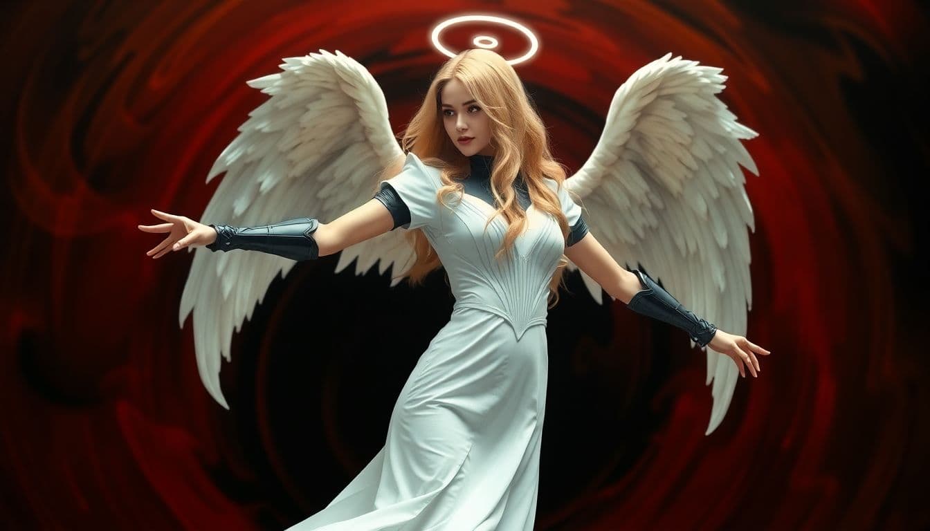AI generated: a female angel in a dynamic pose, with her body angled to the right and her head turned towards the ...