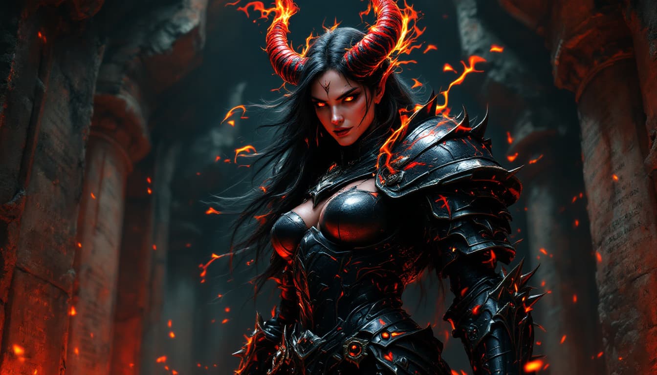 AI generated: An ultra-realistic, full-body portrait of a mesmerizing demon knight woman, her pose both powerful a...