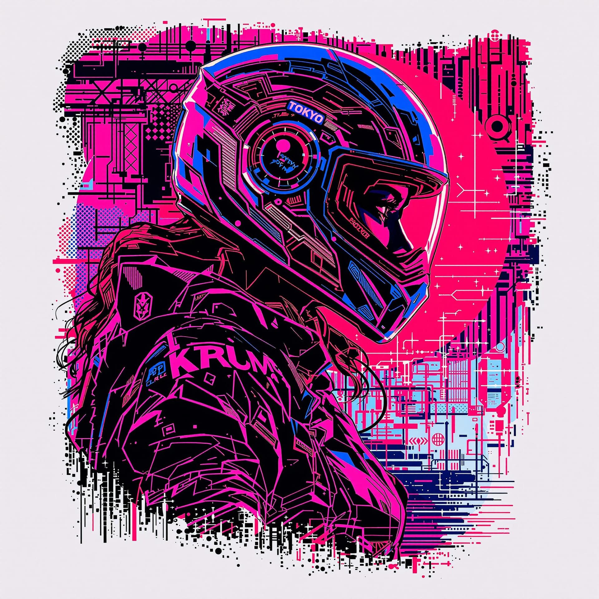 AI generated: vector t-shirt design ready to print, cyberpunk, illustration profile of a motocycle rider red led f...