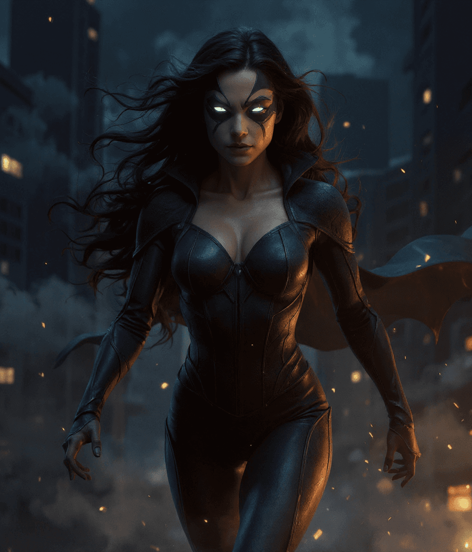 AI generated: will-o'-the-wisp, young female superhero, inspired by frank miller, dark city, atmospheric lighting,...