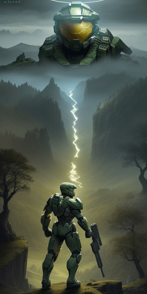AI generated: /imagine prompt: An awe-inspiring Halo Reach landscape with a Spartan on a hilltop, verdant forests ...
