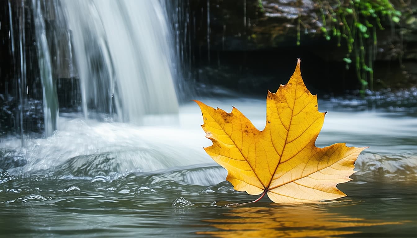 AI generated: autumn waterfall, the water flows out of an autumn leaf, double exposure watercolour painting