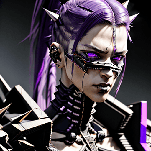 AI generated: feminine boy, long spiky Purple ponytail hair, wearing a costume, cyberpunk art, cybernetic demon, i...