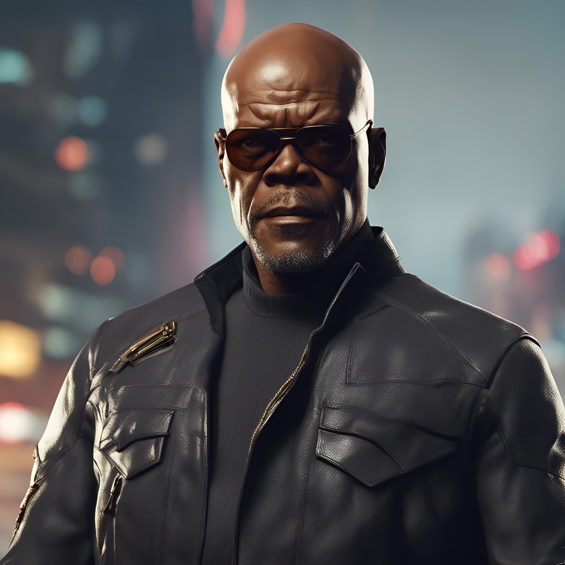 AI generated: Portrait of Samuel L. Jackson with Nick Fury outfit, glare pose, detailed, intricate, full of colour...