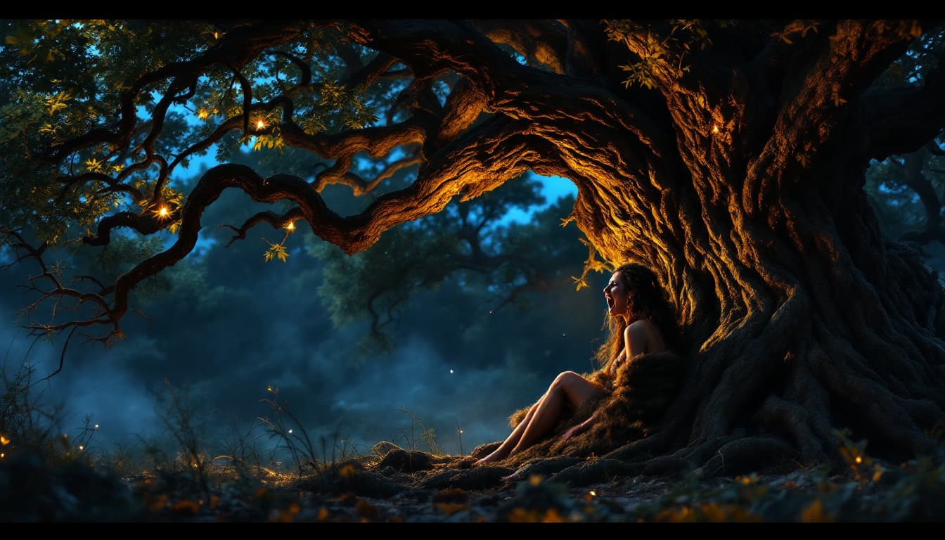 AI generated: (Night shot of an ancient oak tree, its twisted branches illuminated by torches. A warrior woman is ...
