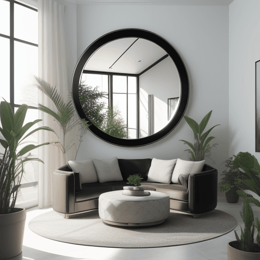 AI generated: Photo of a ultra realistic home spot, modern style, round mirror with light in the back, interior pl...