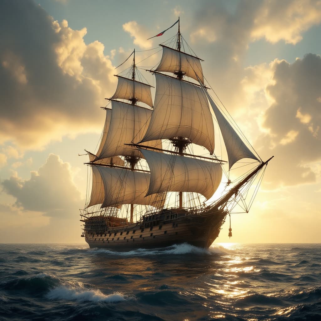 AI generated: Photo of a ultra realistic sailing ship, dramatic light, pale sunrise, cinematic lighting, battered,...