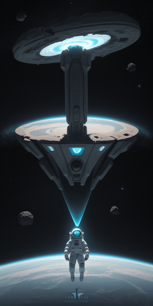 AI generated: illustration, sci-fi concept, small futuristic astronaut sitting at the threshold of a gigantic spac...