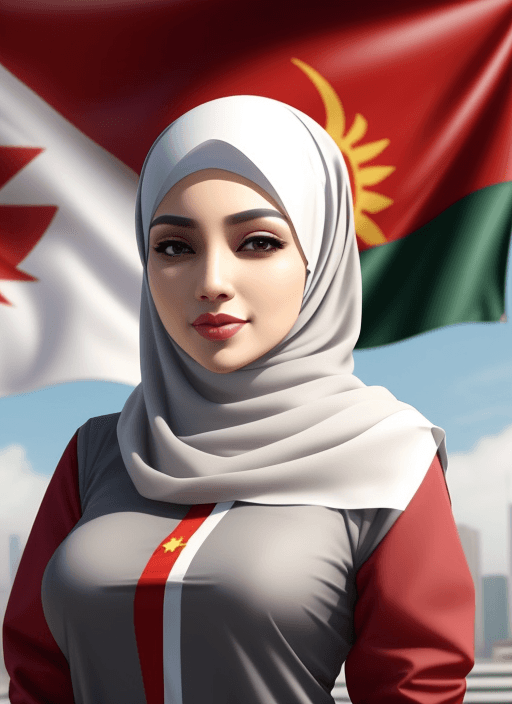 AI generated: Business Islamic woman, long hijab, in front of Indonesia flag