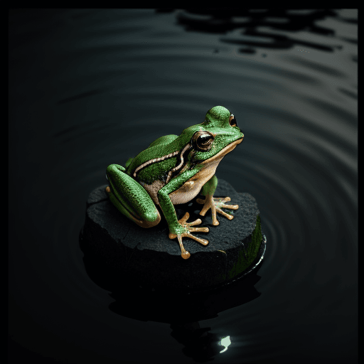 AI generated: Standing frog in the lake light from the moon night raining CANON EOS R6 Top view 21st century depre...