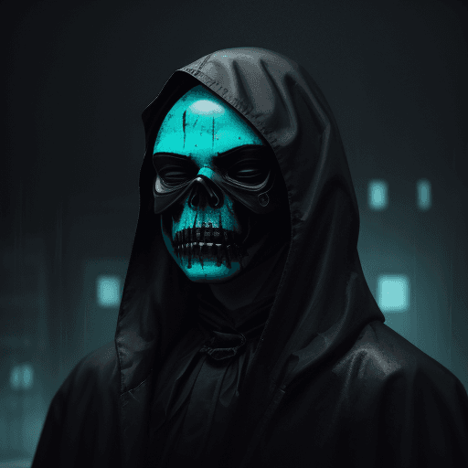 AI generated: Portrait of a man in a black raincoat, a head in a sad theatrical mask, turquoise big eyes, a skull,...