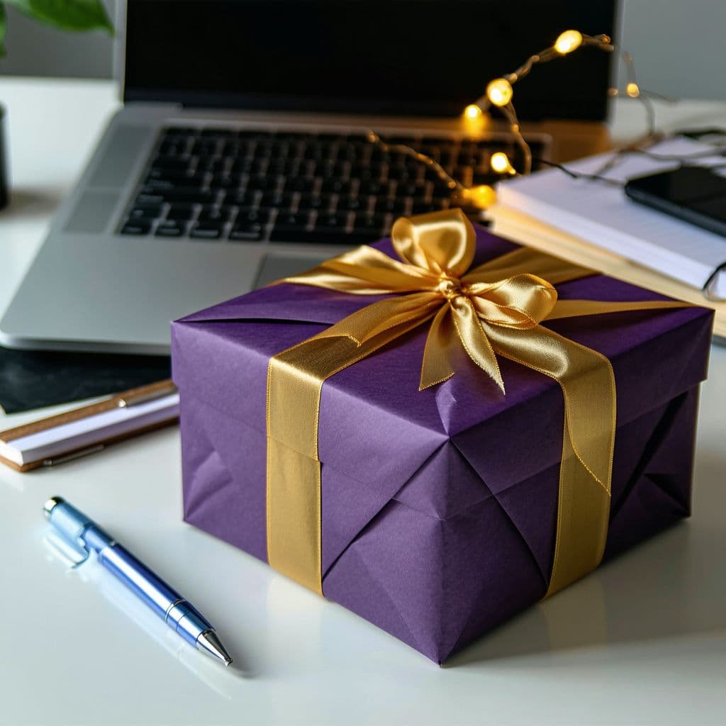 AI generated: imagine A beautifully wrapped present, sitting on the corner of a modern, minimalist office desk in ...