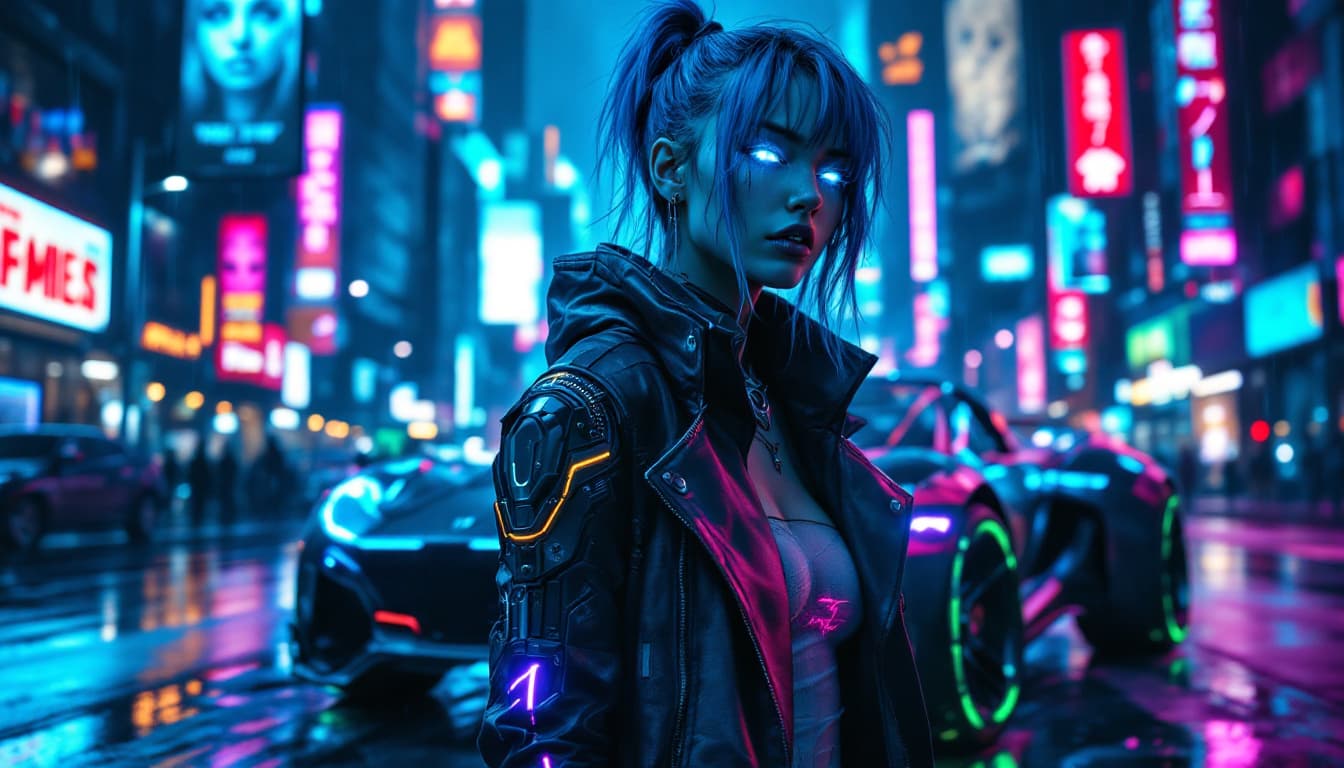 AI generated: *"A full-body portrait of a cyberpunk girl standing in front of a futuristic neon-lit car at night. ...