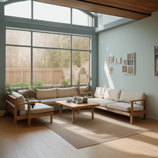 AI generated: High resolution photography interior design, dreamy sunken living room conversation pit, wooden floo...