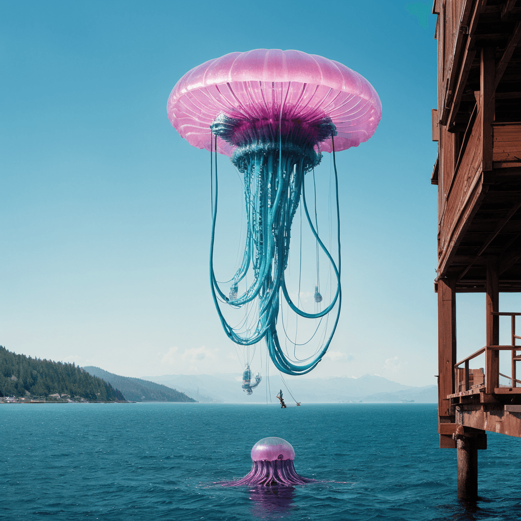 AI generated: biocyberpunk by Simon Stålenhag a giant floating jellyfish hardsurface robotic creature made of hi-t...