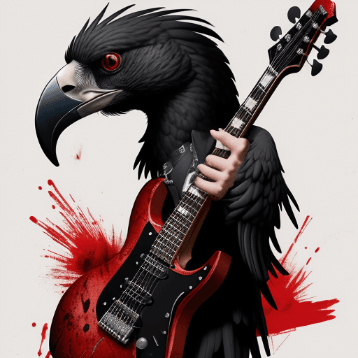 AI generated: a logo YBA ROCK , image simplified Black metallic condor. with a background of blood, standing on a ...