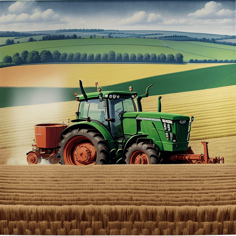 AI generated: Full scale Portrait of a Large tractor with a background as a field with haying peasants  in Pissarr...