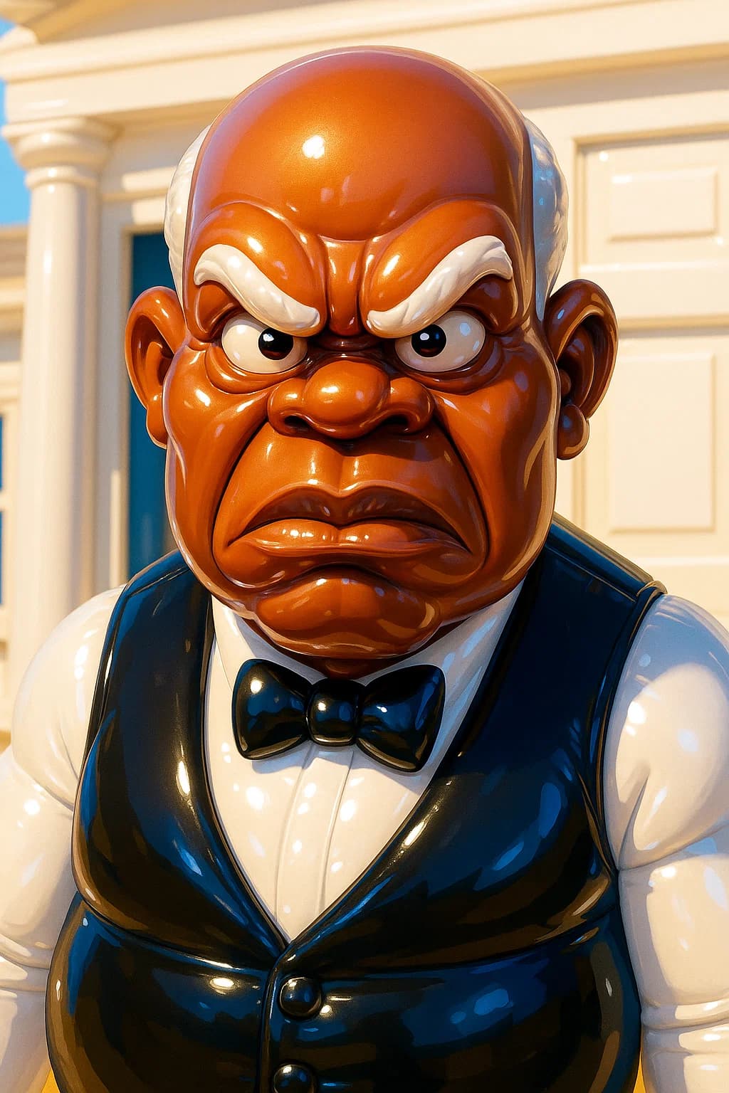 AI generated: Create a digital caricature of an intense, older man with a bald head, white eyebrows, and a stern e...