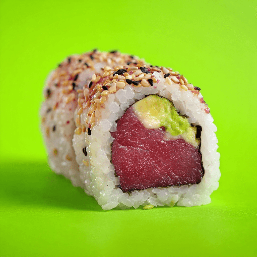 AI generated: same product photo of the tuna maki roll but with lime green background hex code #32CD32, sideshot, ...