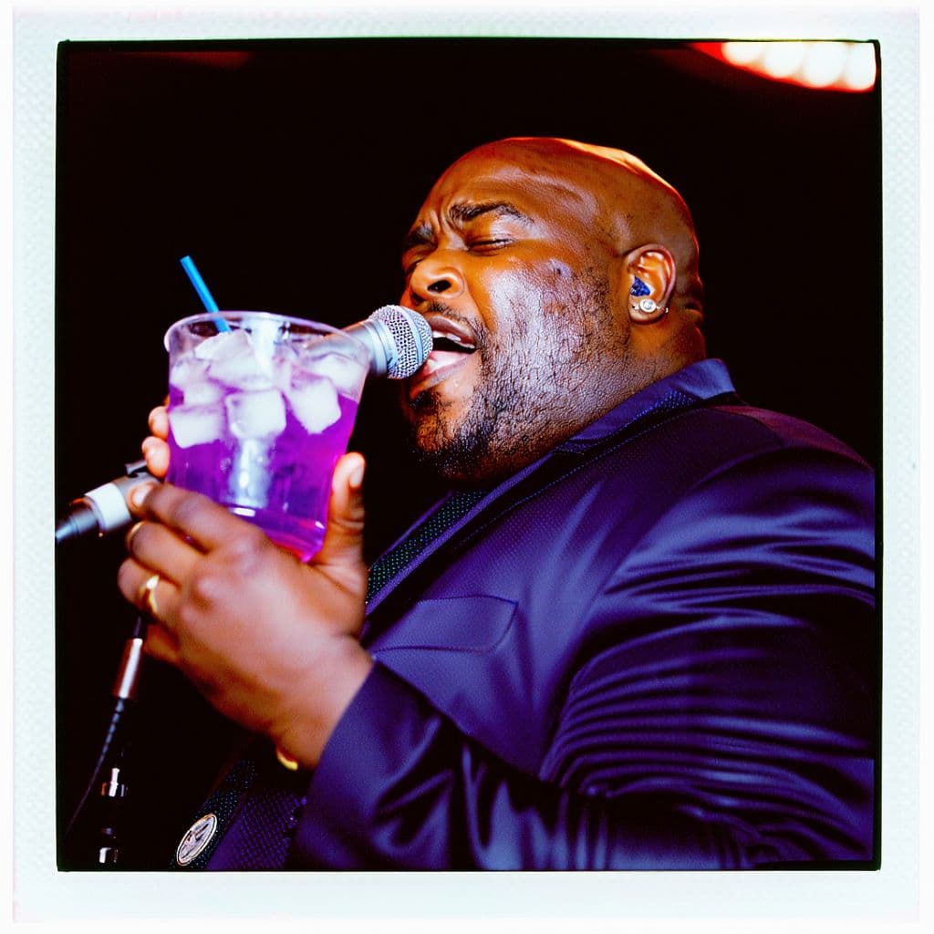 AI generated: very fat, obese, massive, bald black man in the world holding a cup of purple drink with ice cubes, ...